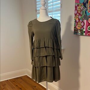 Zara Green Mini Tiered Ruffled Dress with Long Bishop Sleeves
